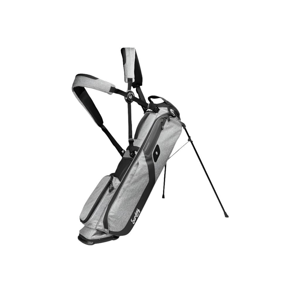 A gray Sunday Golf stand bag designed for golfers, featuring multiple pockets and a stand mechanism.