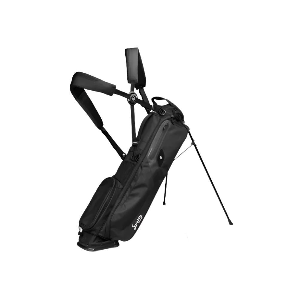 A black golf stand bag with multiple pockets and a dual-strap 4-way top divider, designed for holding up to 10 clubs. It is displayed on a white background, fully assembled and open.