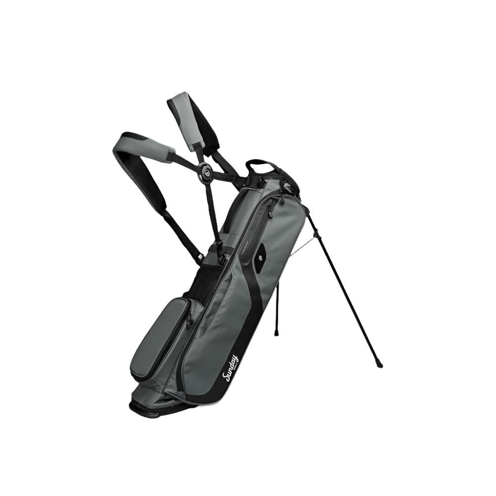 A gray Sunday Golf stand bag designed for golfers, featuring multiple pockets and a stand mechanism.
