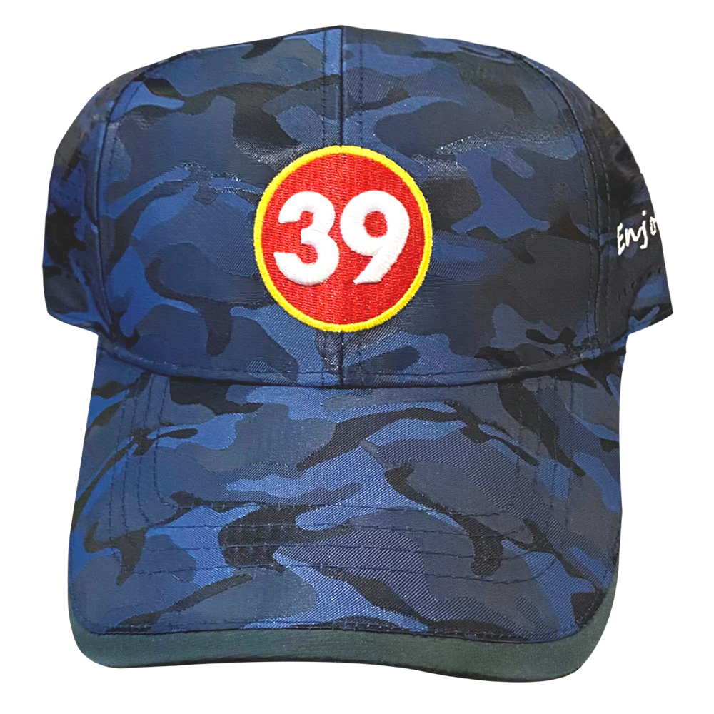 A blue camouflage golf cap with an adjustable Velcro strap at the back, featuring a red circle with the number 39 in white.