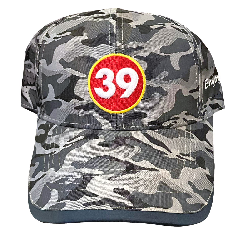A gray camouflage golf cap with the number '39' displayed in the center, featuring an adjustable Velcro strap at the back.