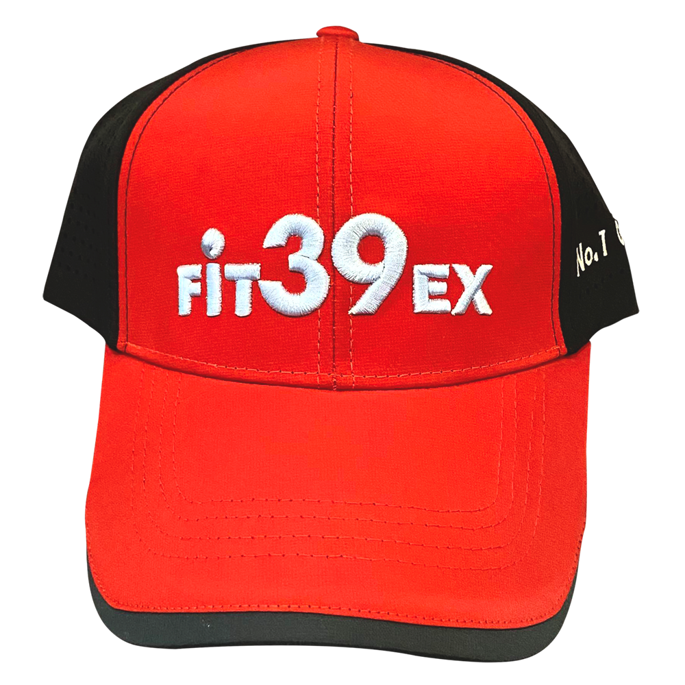 A red and black Fit39 golf cap with an adjustable Velcro strap and the Fit39 logo embroidered in white on the front.