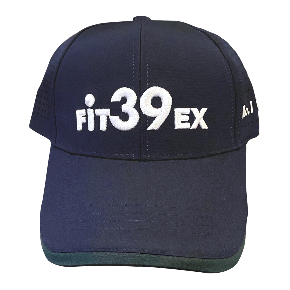 A navy blue Fit39 golf cap with white logo embroidery and an adjustable Velcro strap at the back.