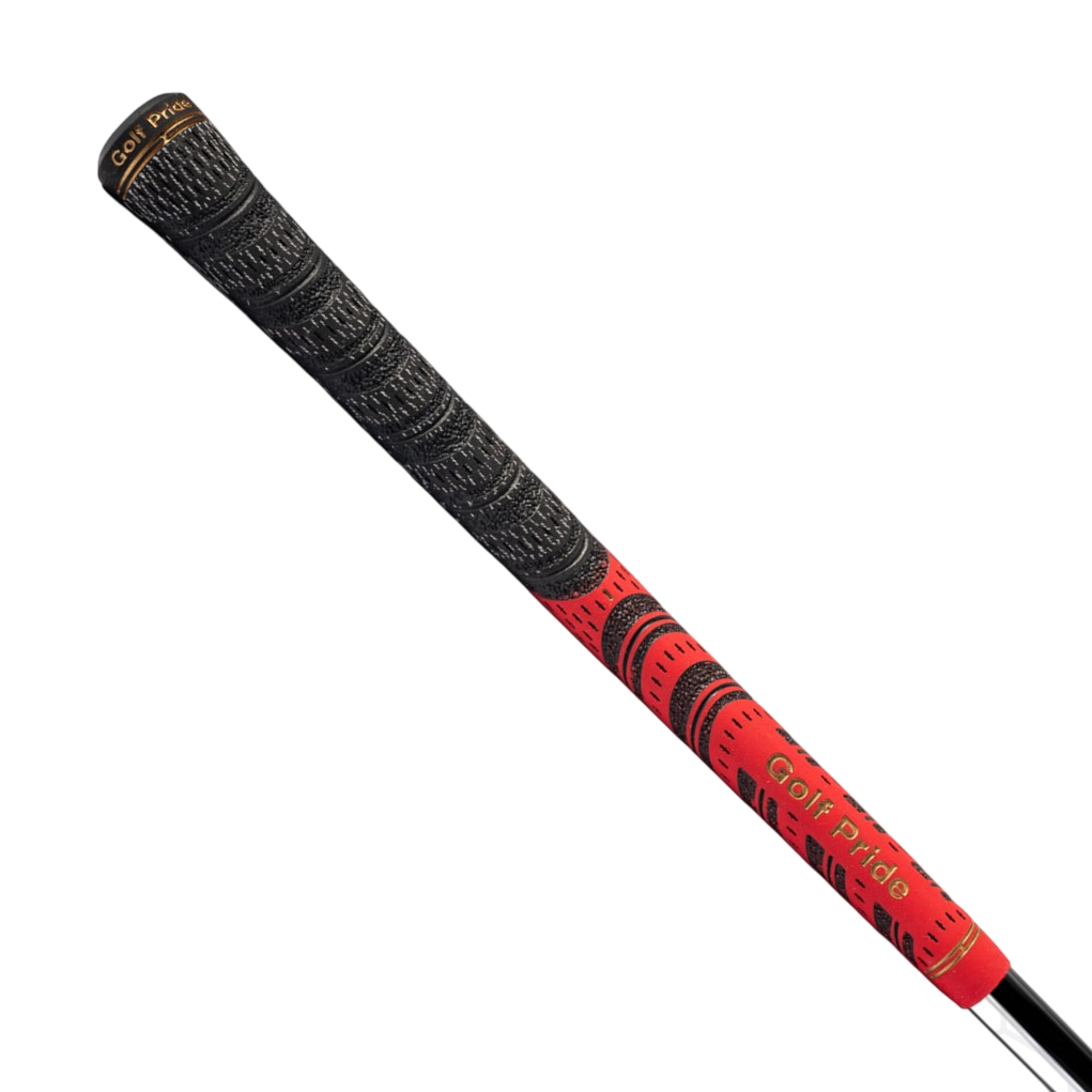 A red and black golf club grip featuring a hybrid design of rubber and cord, with the Golf Pride brand logo visible.