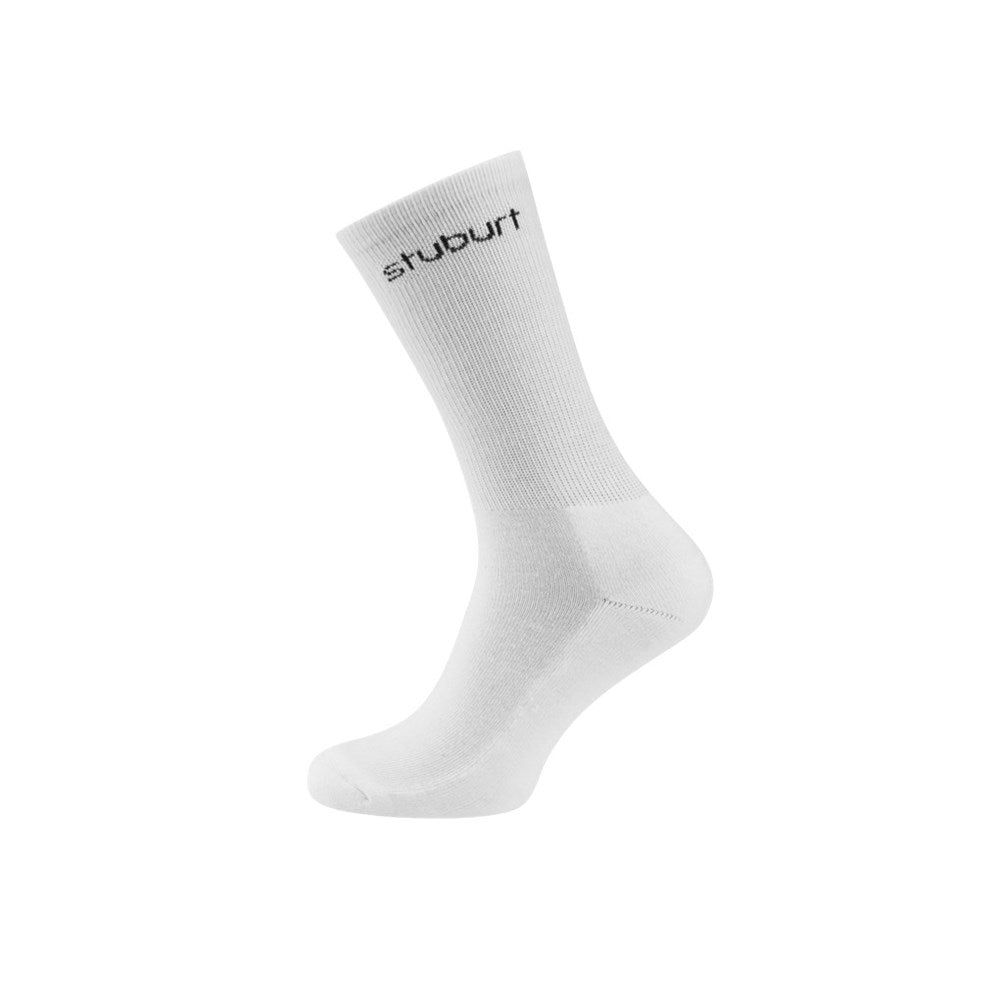 A pair of white crew socks with the brand name 'Stuburt' visible on the ankle area.