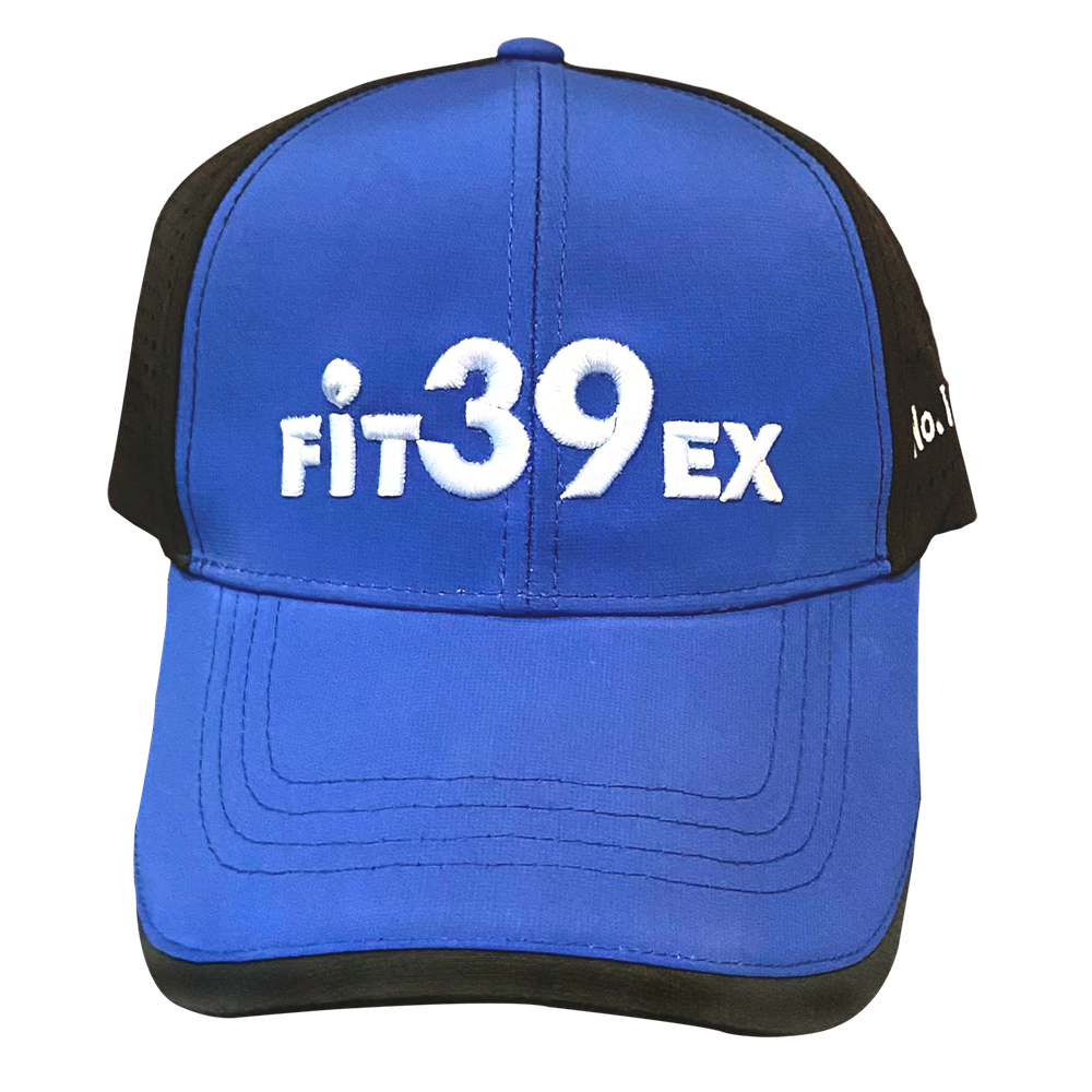 A blue and black Fit39 golf cap with an adjustable Velcro strap and airholes on the sides.