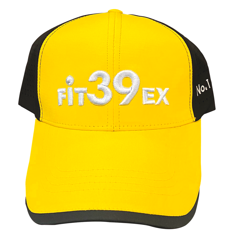 A yellow and black Fit39 golf cap with an adjustable Velcro strap at the back, featuring the Fit39 logo.