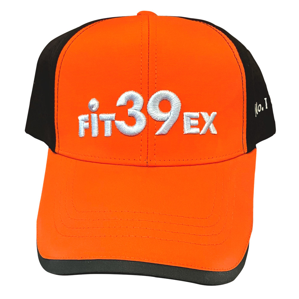 An orange and black Fit39 golf cap with an adjustable Velcro strap at the back, featuring the Fit39 logo.