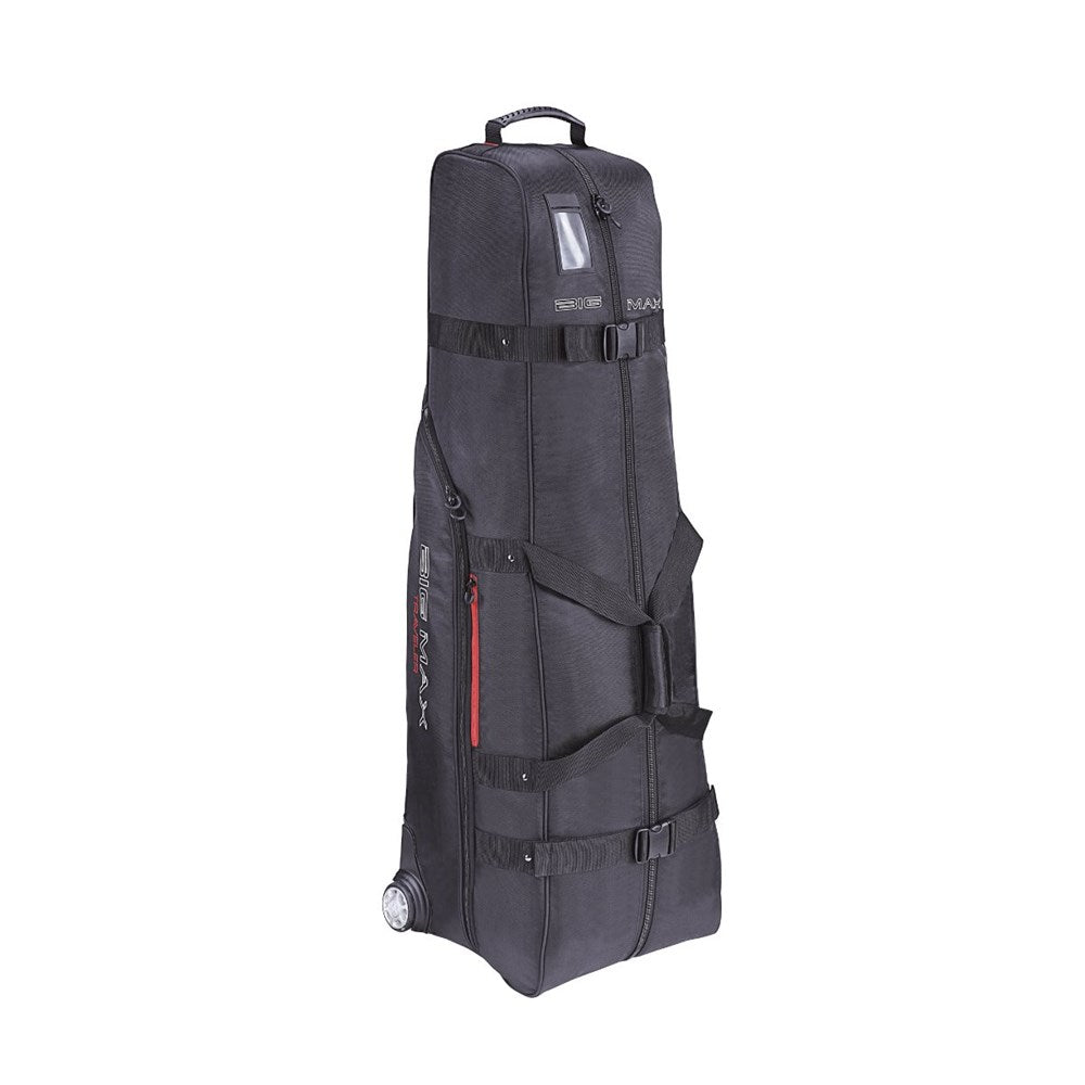 A black golf bag travel cover with black straps and details, equipped with wheels and a upright handle.