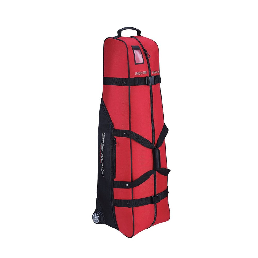 A red golf bag travel cover with black straps and details, equipped with wheels and a upright handle.