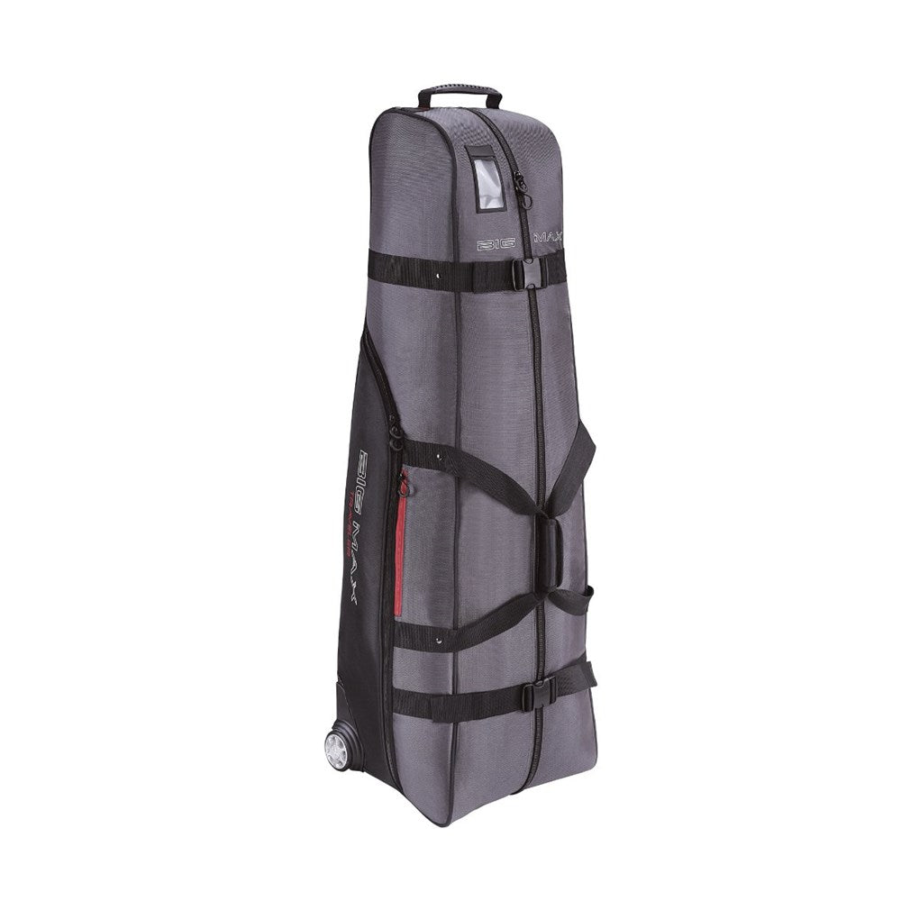 A black and silver golf bag travel cover with black straps and details, equipped with wheels and a upright handle.
