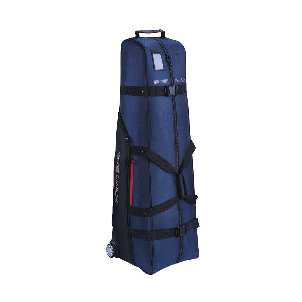 A blue golf bag travel cover with black straps and details, equipped with wheels and a upright handle.