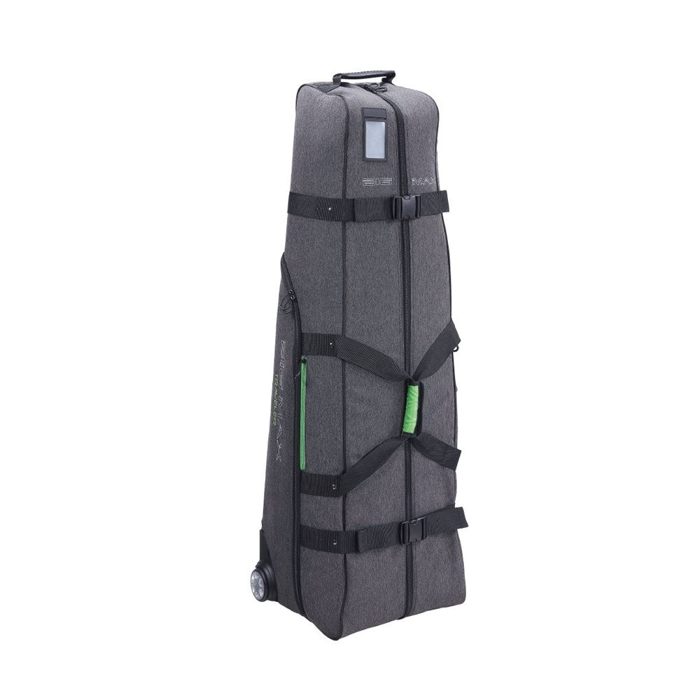 A black and green golf bag travel cover with black straps and details, equipped with wheels and a upright handle.