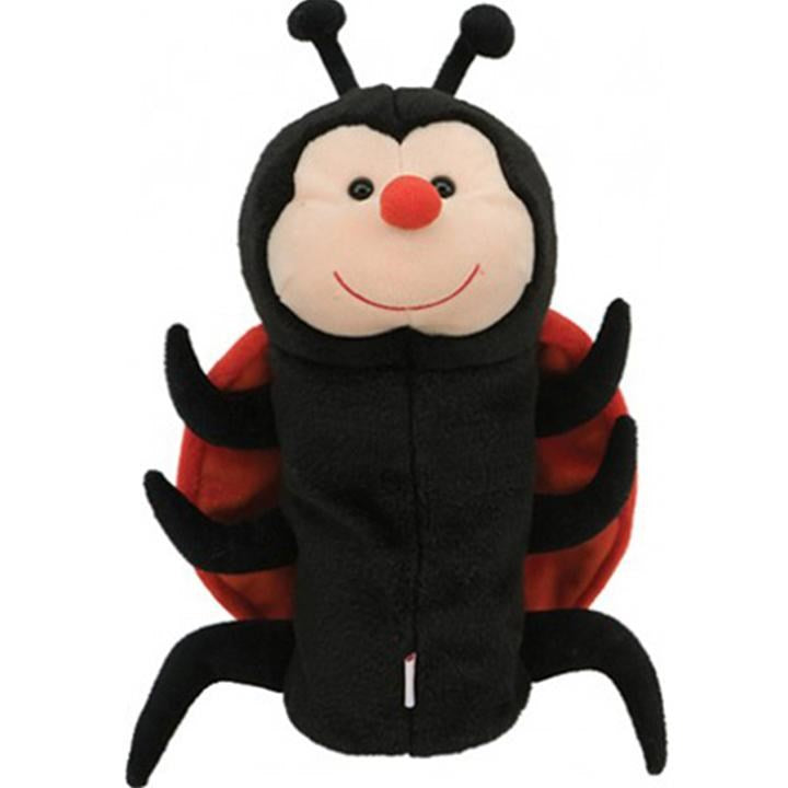 A plush golf club headcover designed to look like a black and red ladybug with a smiling face.