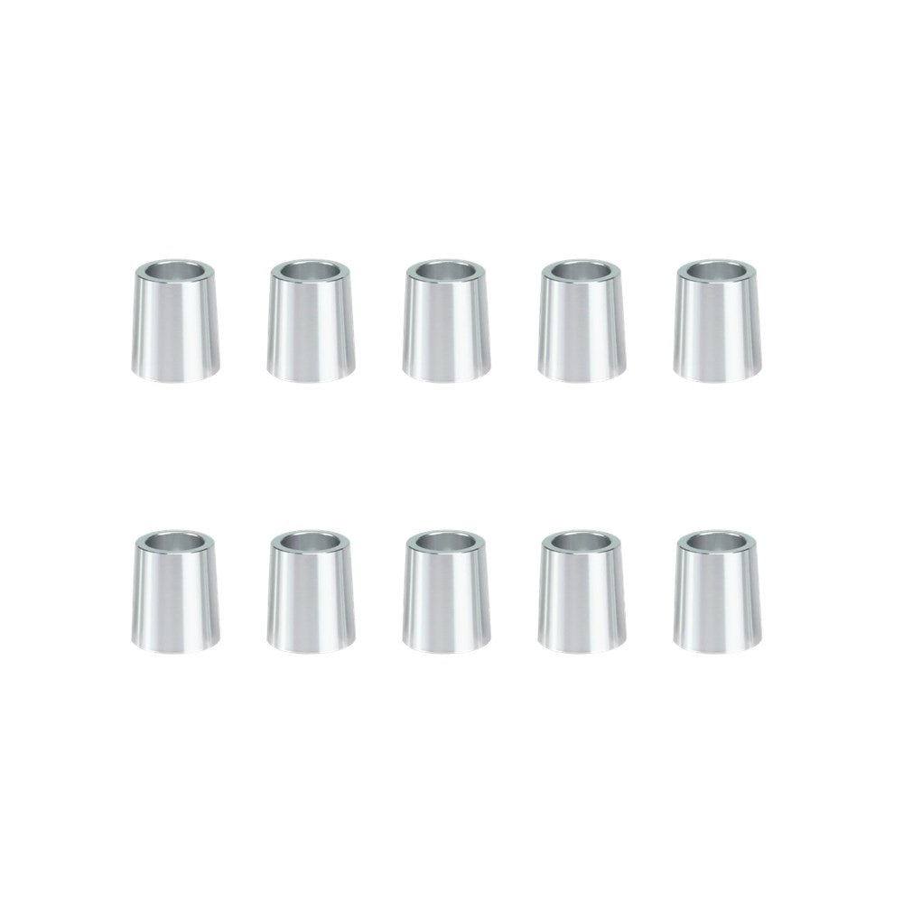 A collection of silver-colored aluminium taper ferrules arranged in two rows on a white background.