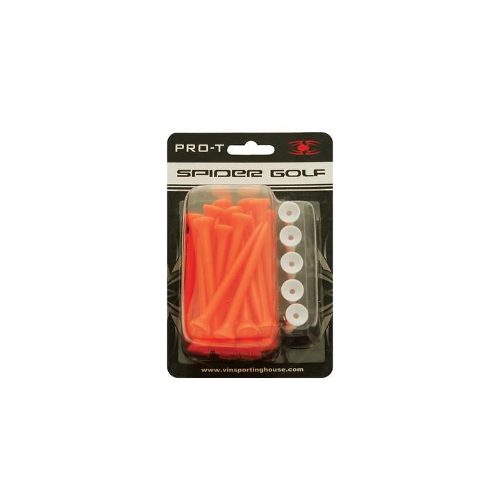 A pack of Spider brand plastic golf tees in orange, packaged in a clear blister pack with the product name and size visible.