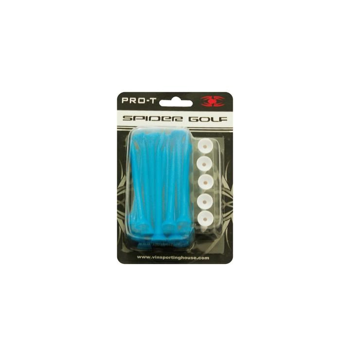 A pack of Spider brand plastic golf tees in blue, packaged in a clear blister pack with the product name and size visible.