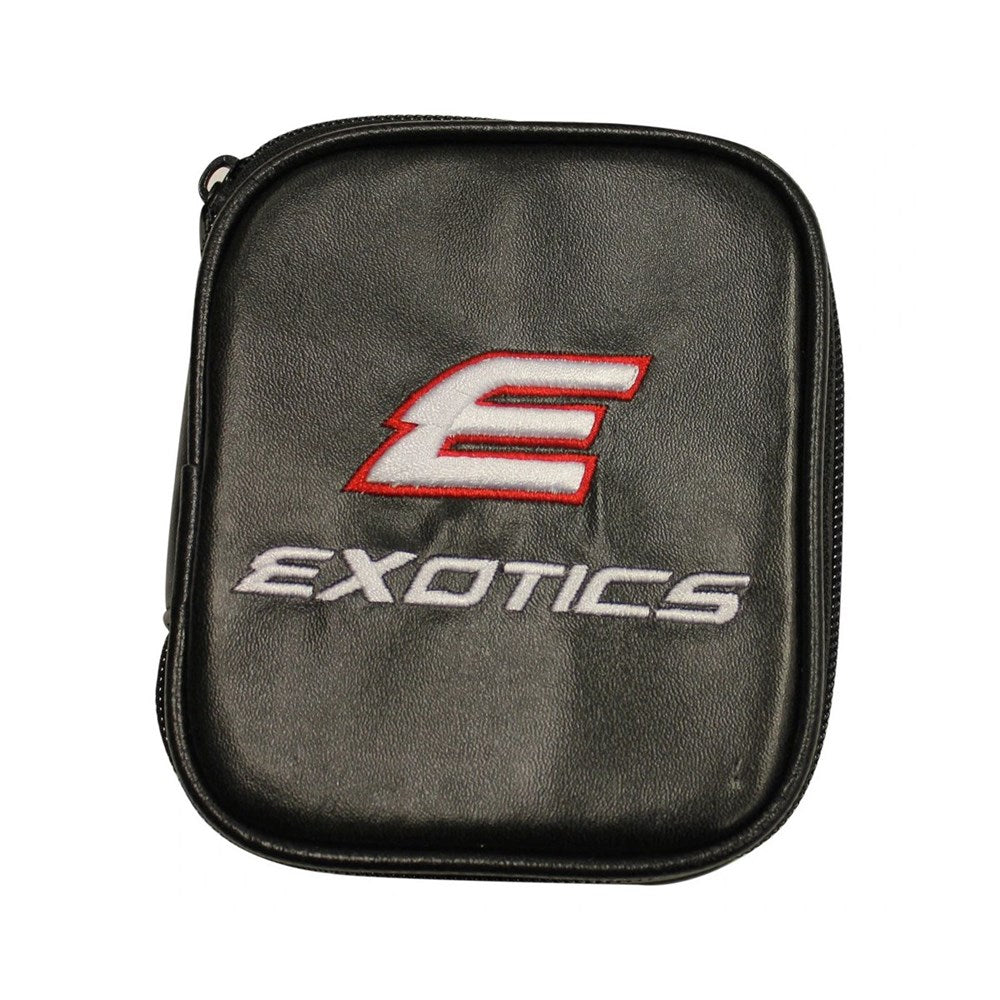 A black golf weight kit with the 'EXOTICS' brand logo in red and white on the front.