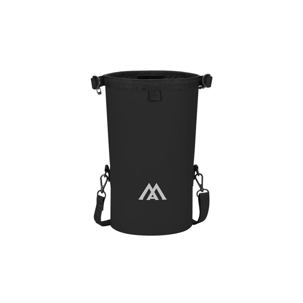 Black cylindrical bag with black straps and a logo on a white background