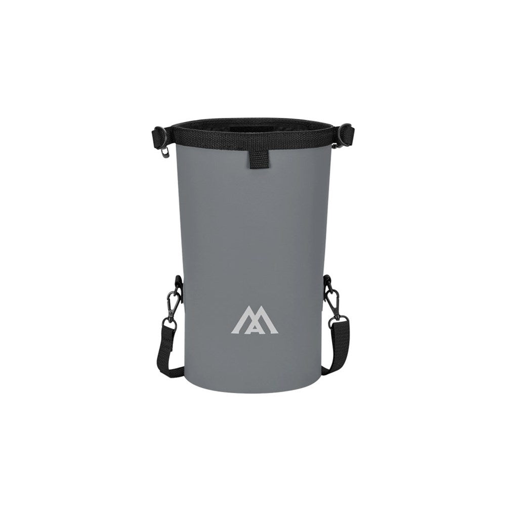 Gray cylindrical bag with black straps and a logo on a white background