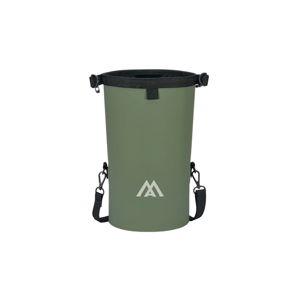 Green cylindrical bag with black straps on a white background