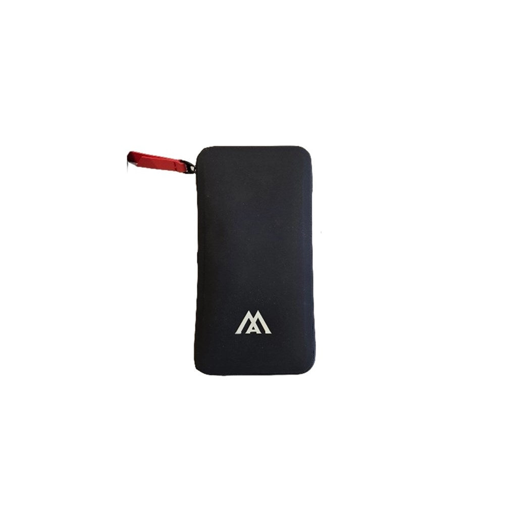 Black pouch with a red zipper on a white background