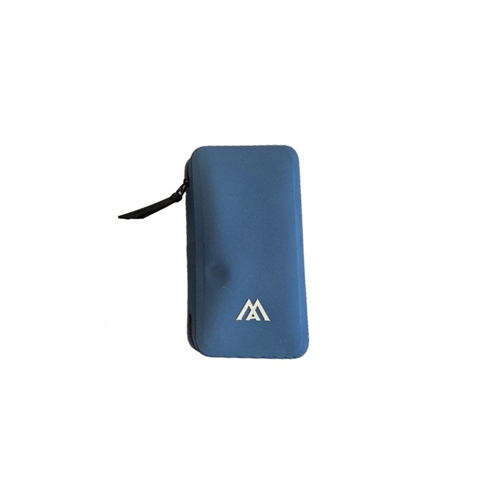 Blue pouch with a logo on a white background