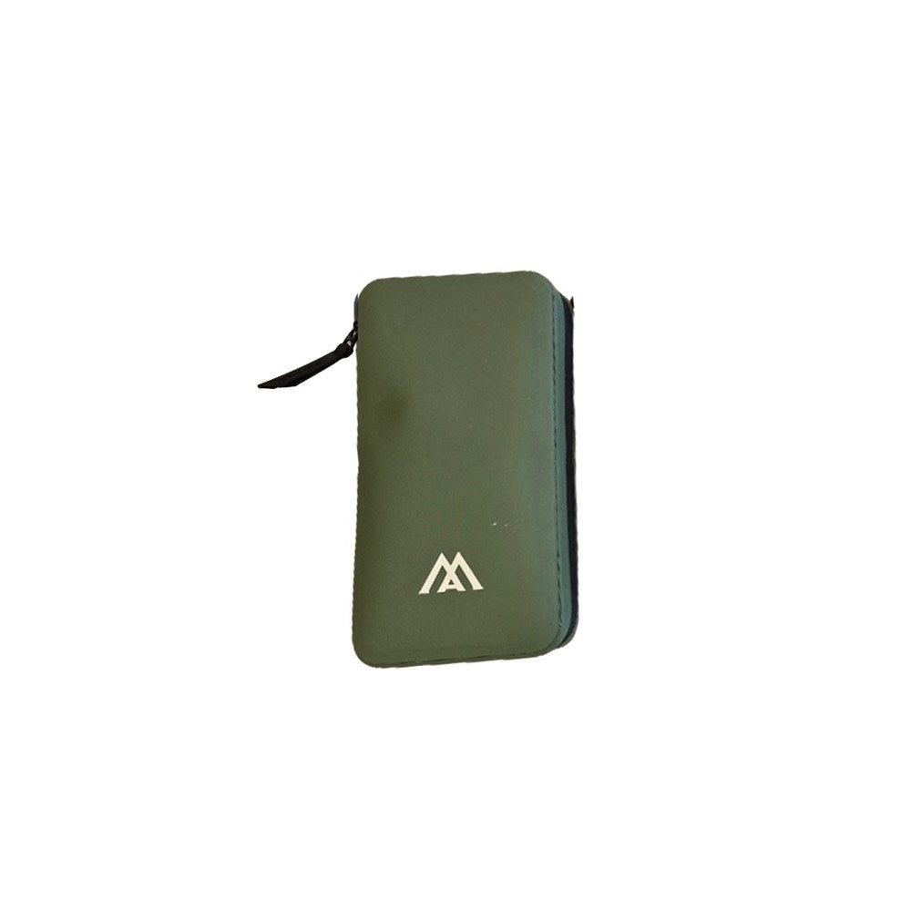 Green pouch with a logo on a white background