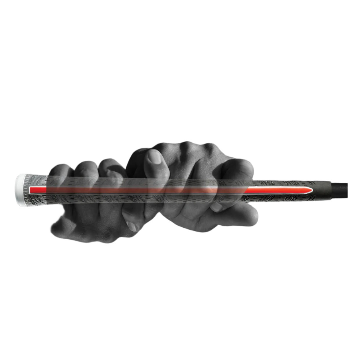 A black and gray golf grip with red detailing and the brand 'Golf Pride' written on it. Hand grip