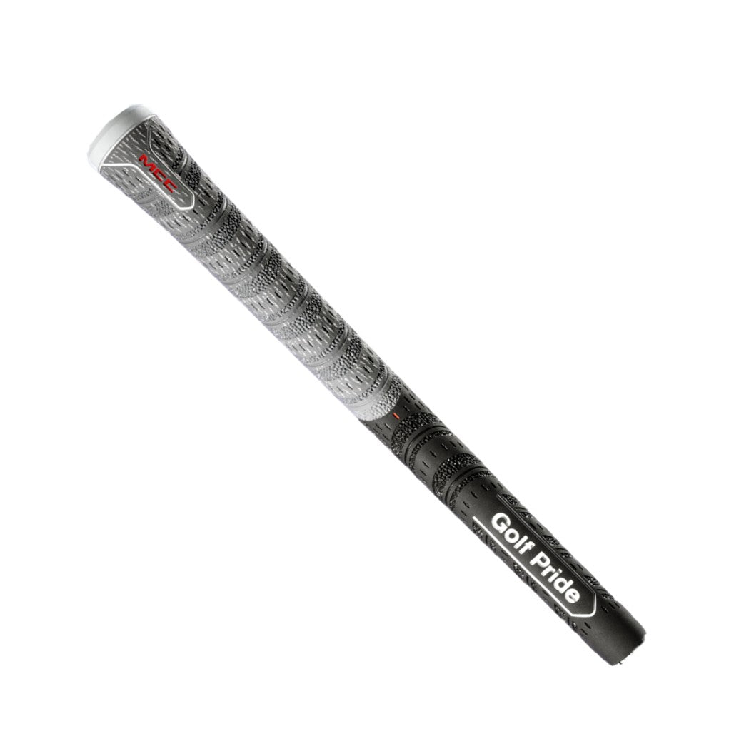 A midsize Golf Pride grip for golf clubs, featuring a black and white pattern with red accents and the brand name 'Golf Pride' printed in white on the lower side.