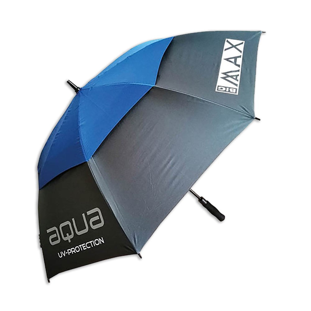 A BIG MAX branded umbrella with a black handle and blue and gray fabric, featuring UV protection text.
