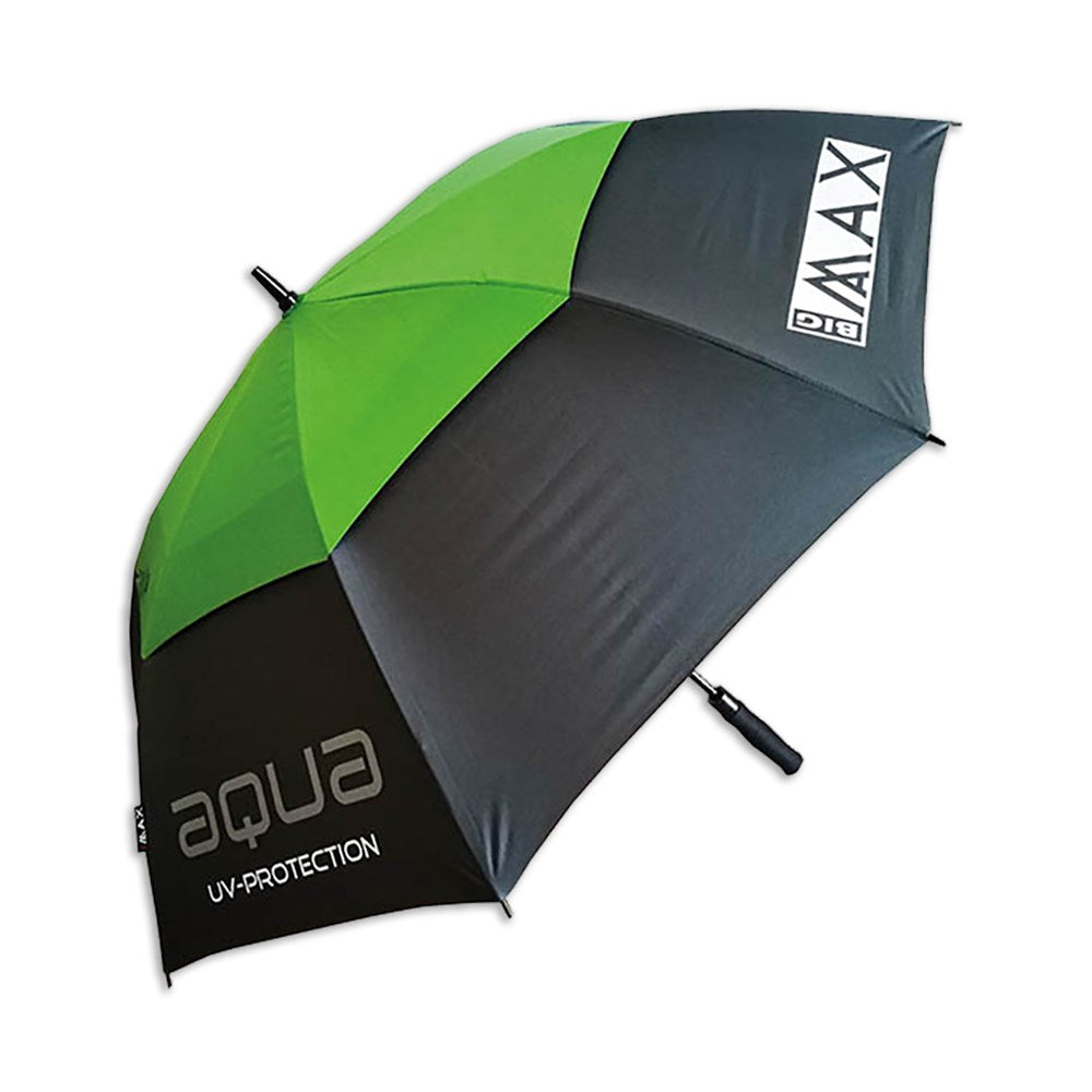 A BIG MAX branded umbrella with a black handle and green and gray fabric, featuring UV protection text.