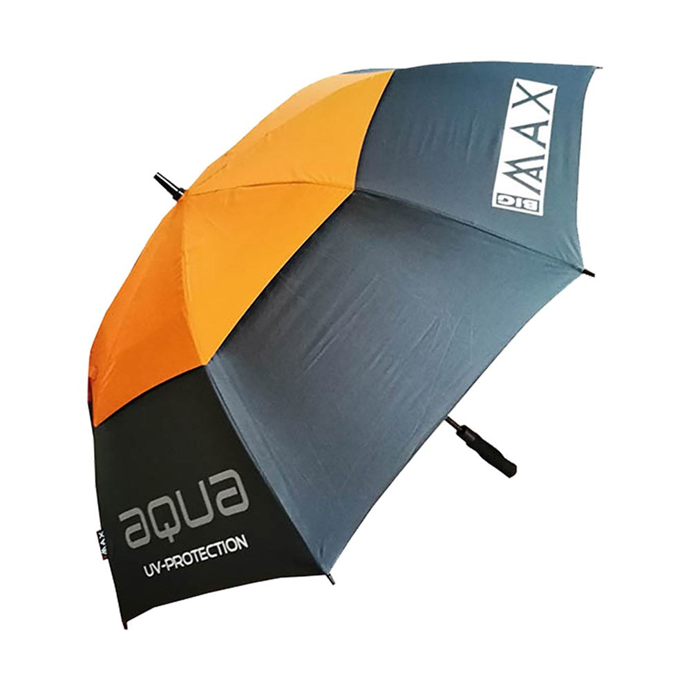 A BIG MAX branded umbrella with a black handle and orange and gray fabric, featuring UV protection text.