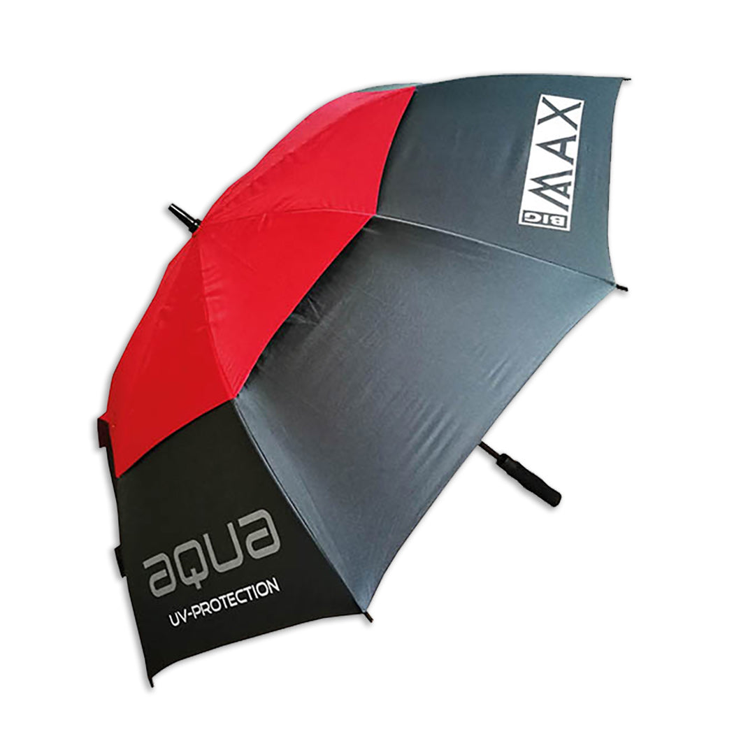 A BIG MAX branded umbrella with a black handle and red and gray fabric, featuring UV protection text.