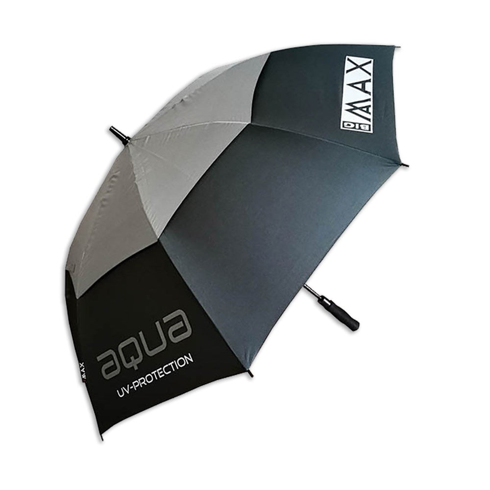 A BIG MAX branded umbrella with a black handle gray on gray fabric, featuring UV protection text.