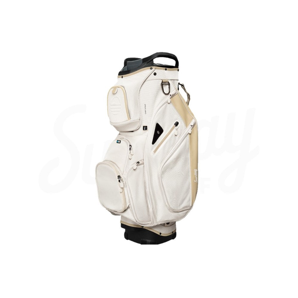 White golf bag with black accents on a white background