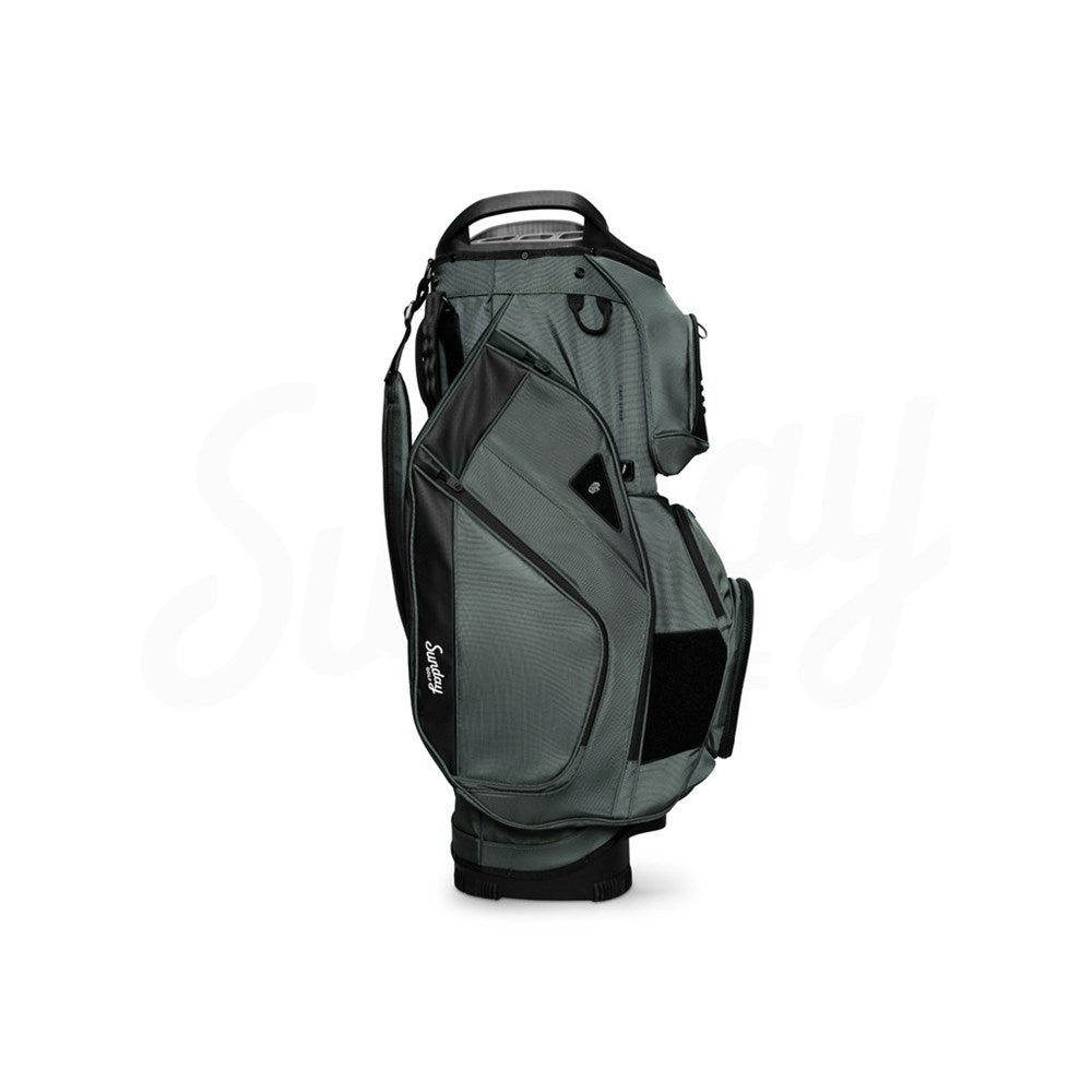 Green golf bag with black accents on a white background