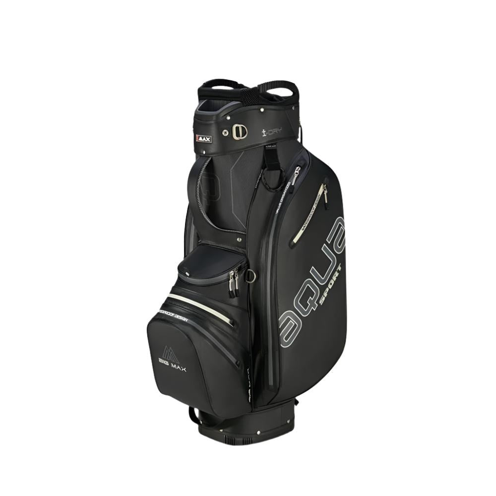 A black golf cart bag with 'AQUA' written on the side as branding