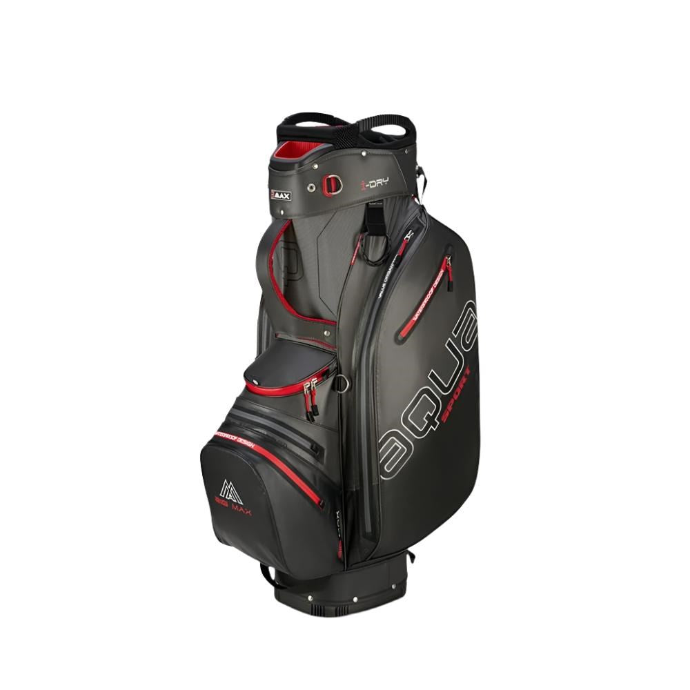 A red and black golf cart bag with 'AQUA' written on the side as branding