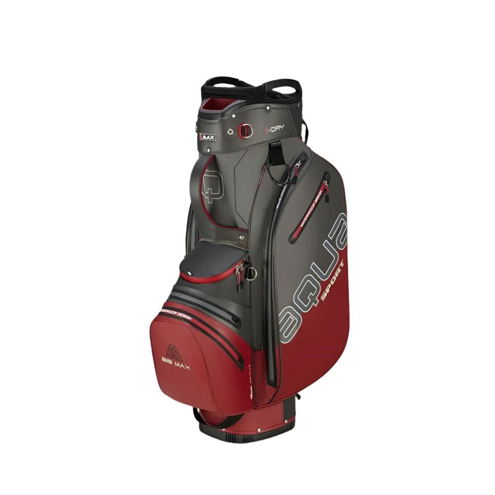 A red and silver golf cart bag with 'AQUA' written on the side as branding