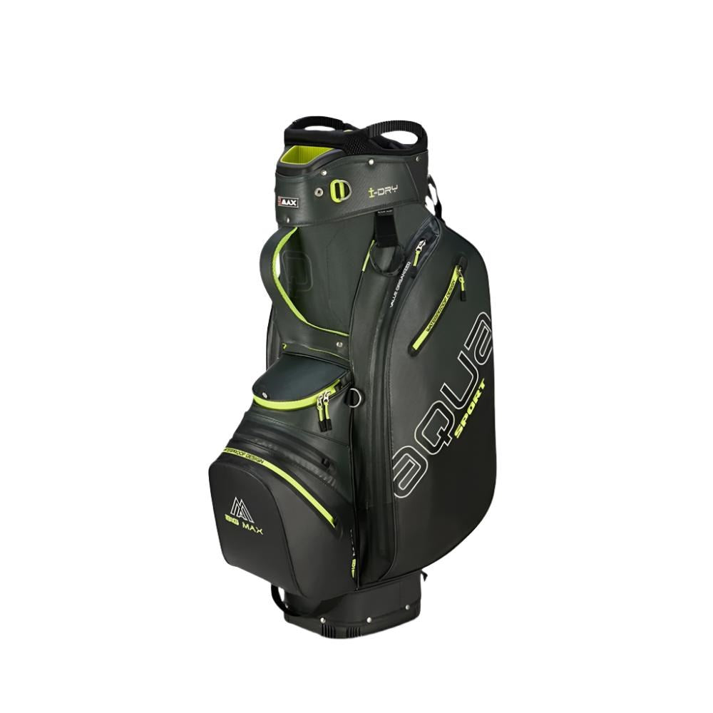 A lime green with black golf cart bag with 'AQUA' written on the side as branding