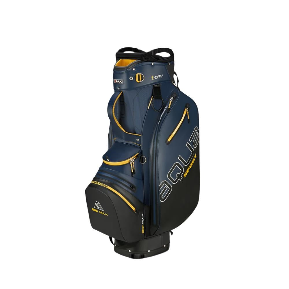 A blue and yellow golf cart bag with 'AQUA' written on the side as branding