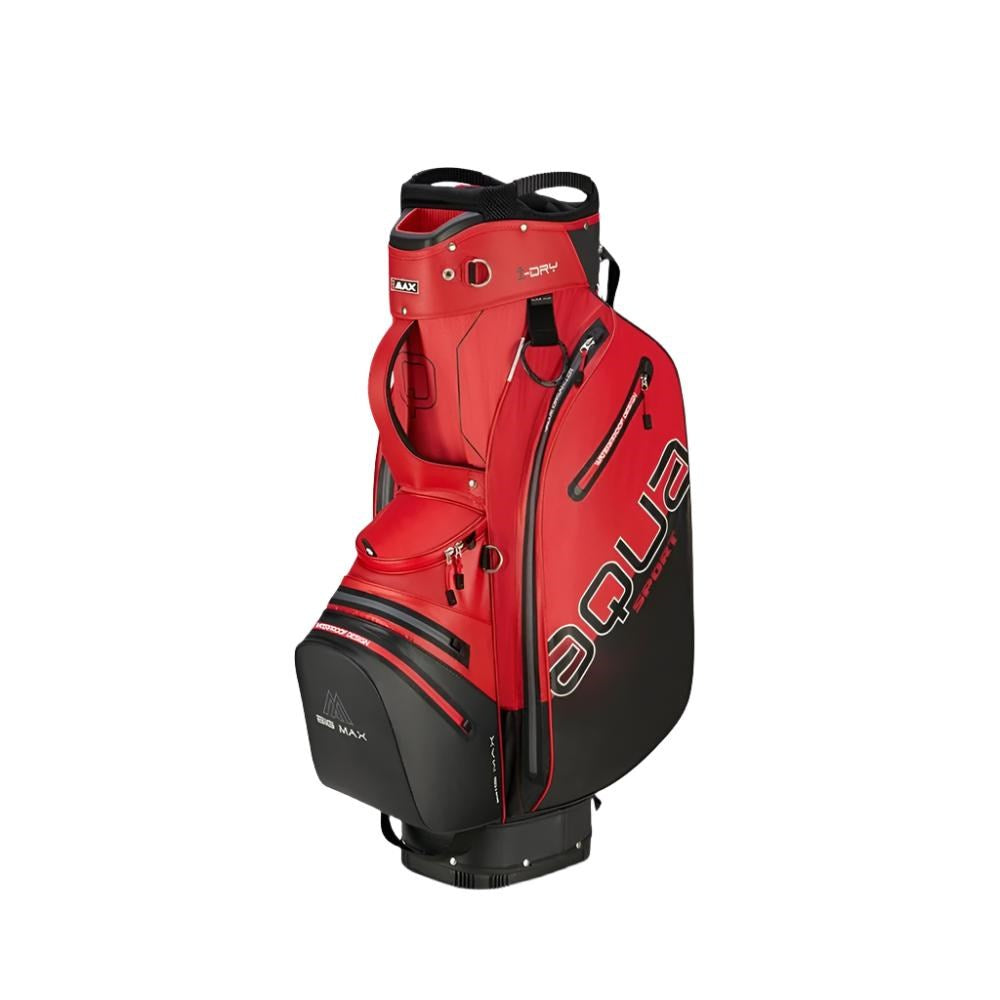 A red and black golf cart bag with 'AQUA' written on the side as branding