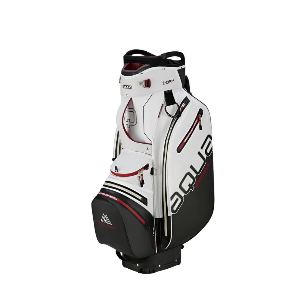 A red and white and black golf cart bag with 'AQUA' written on the side as branding