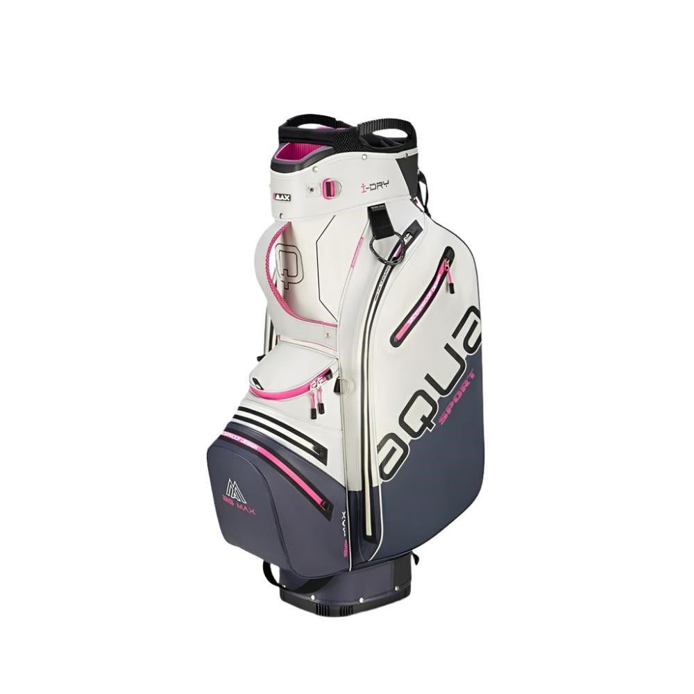 A white and pink golf cart bag with 'AQUA' written on the side as branding