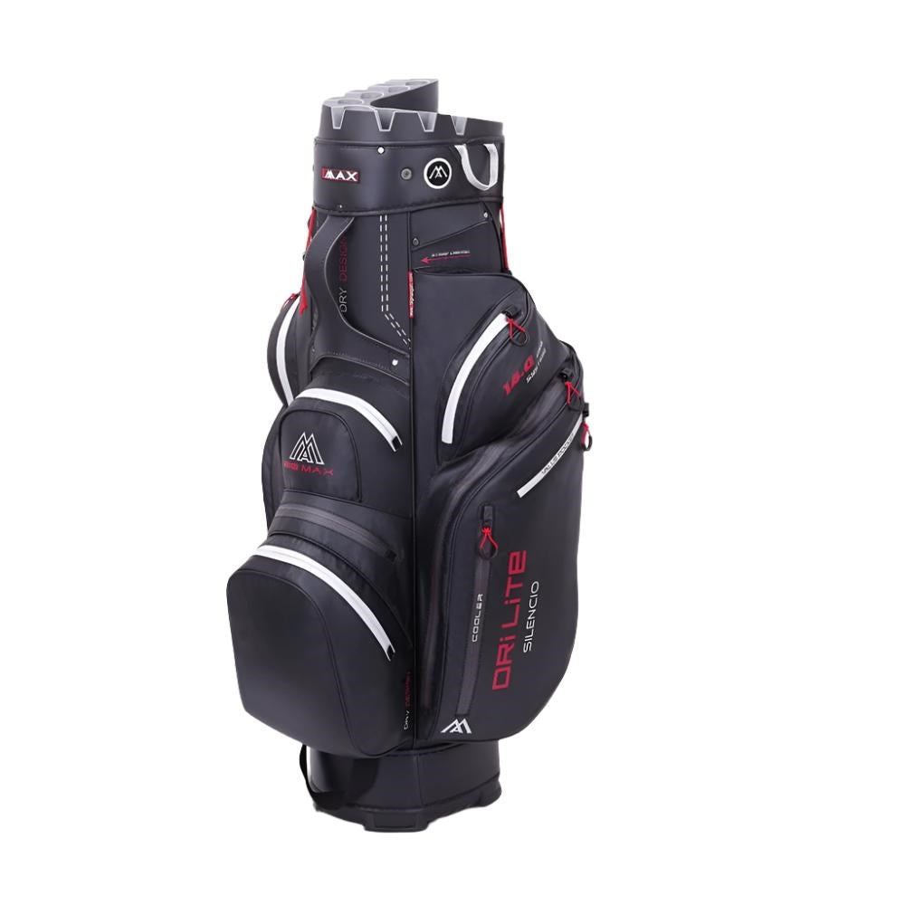A golf bag with a red and black color scheme, featuring multiple pockets and the 'BIG MAX' logo.