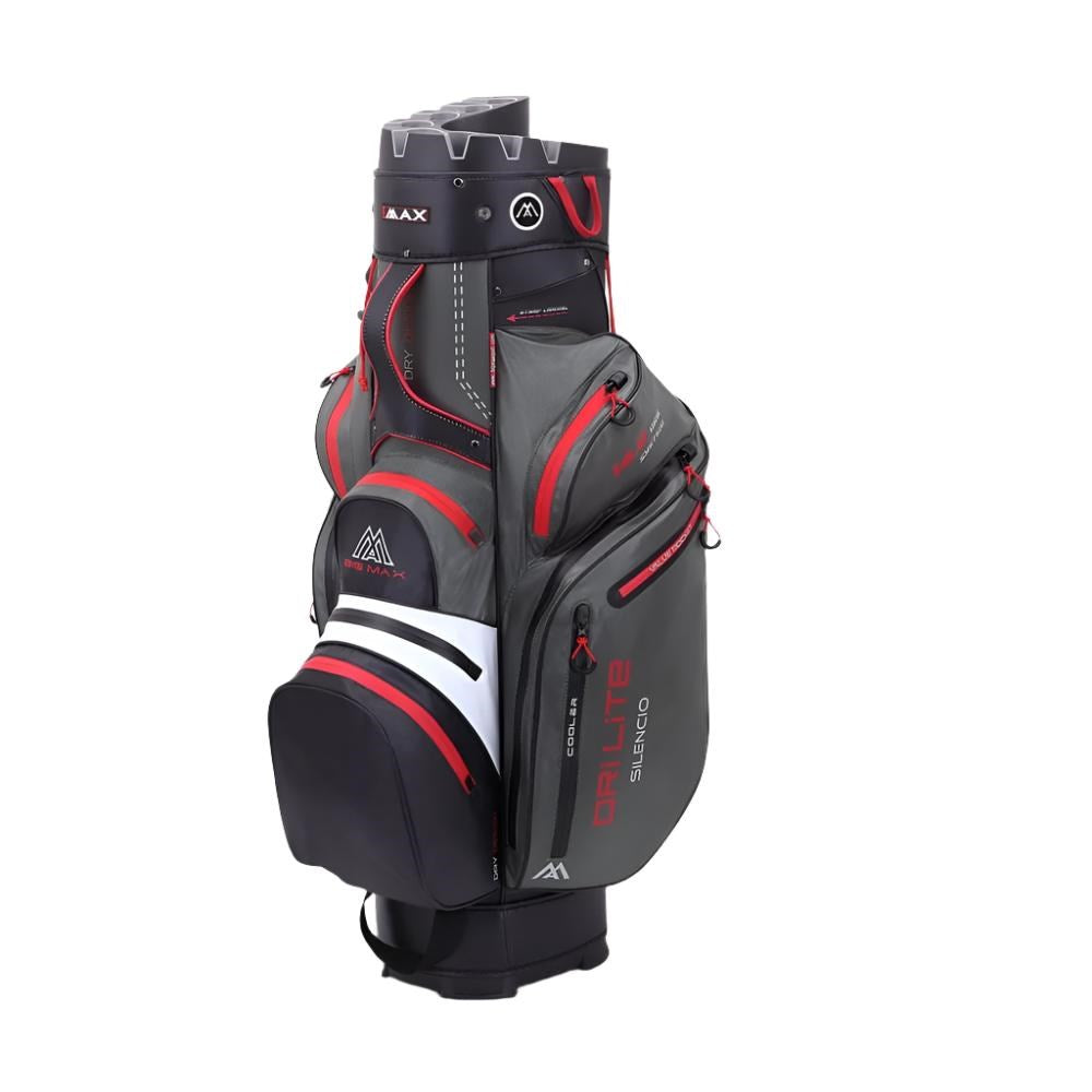 A golf bag with a gray red and black color scheme, featuring multiple pockets and the 'BIG MAX' logo.