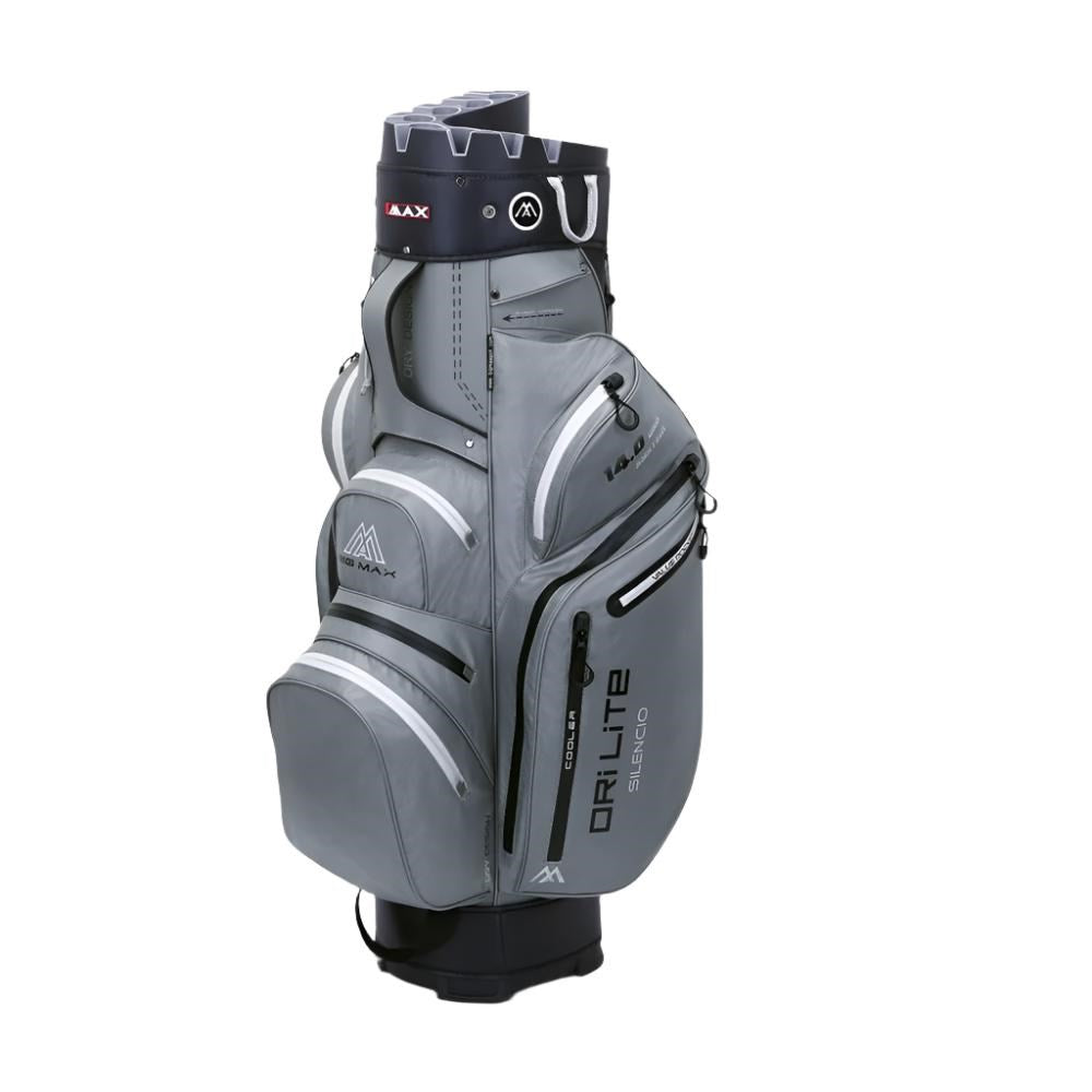 A golf bag with a gray and black color scheme, featuring multiple pockets and the 'BIG MAX' logo.