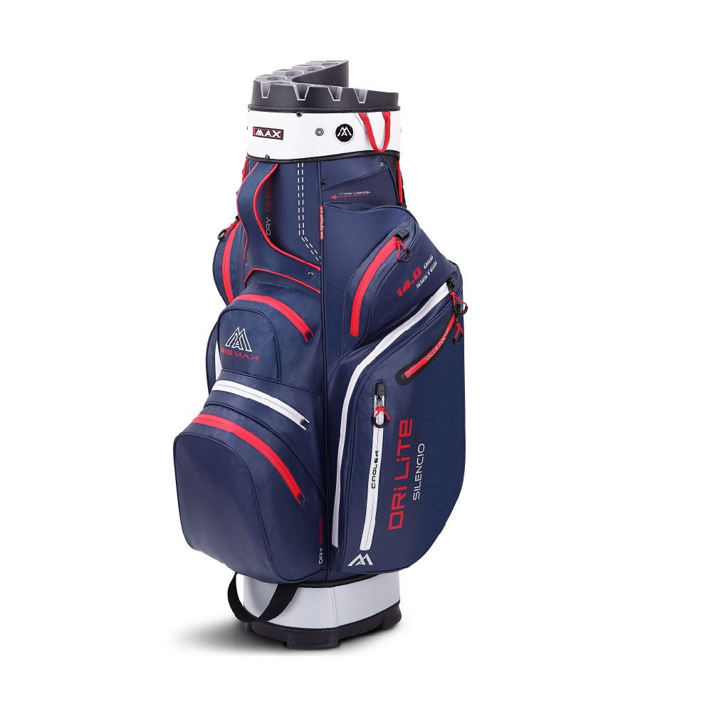 A golf bag with a blue and red and white color scheme, featuring multiple pockets and the 'BIG MAX' logo.