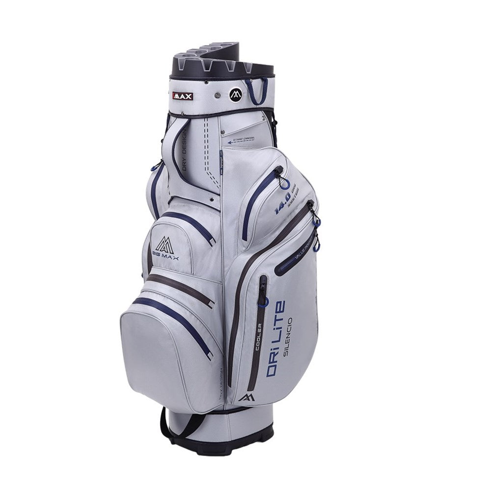 A golf bag with a gray blue and black color scheme, featuring multiple pockets and the 'BIG MAX' logo.